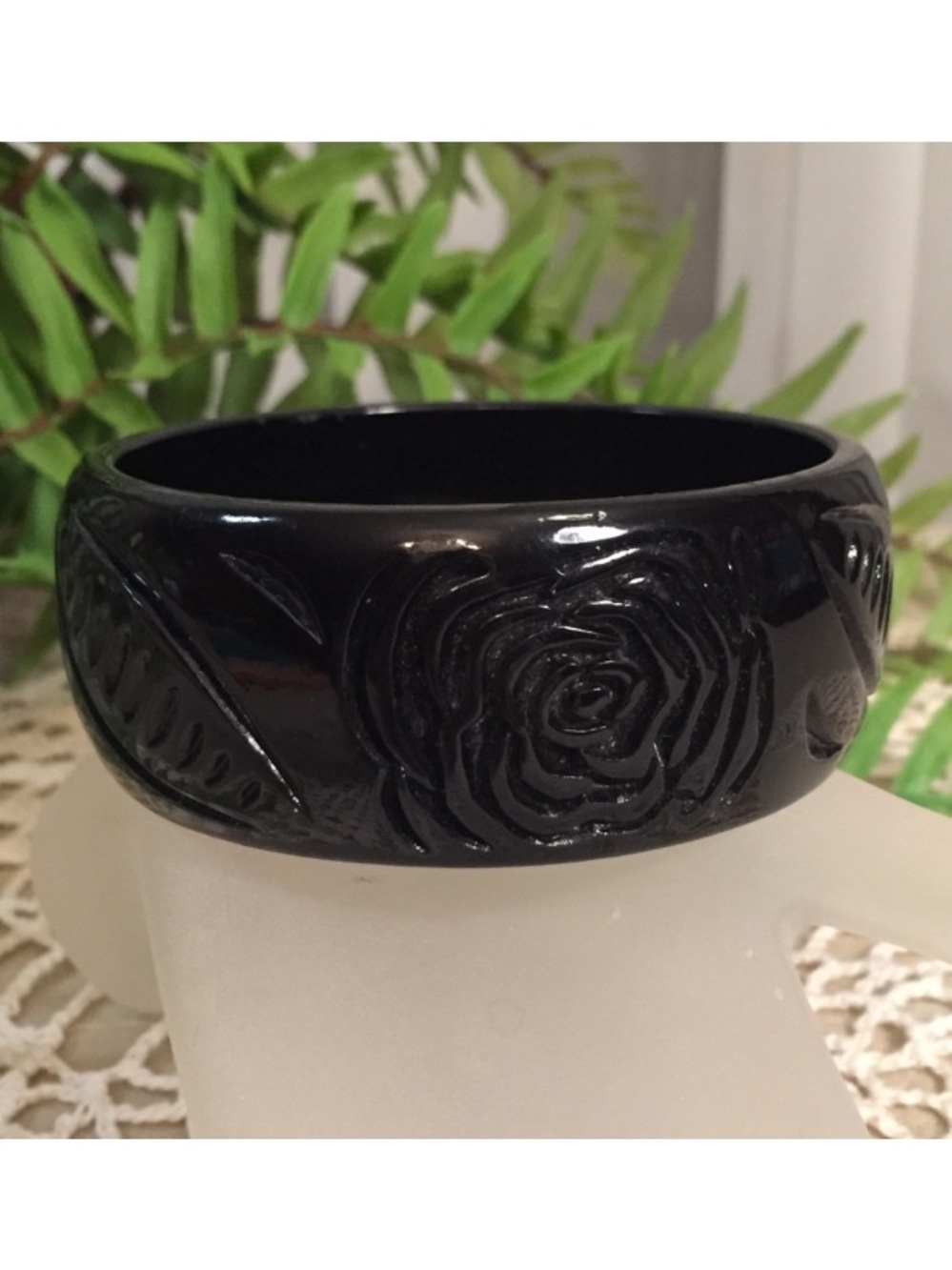 Vintage Black Carved Rose Bangle Bracelet